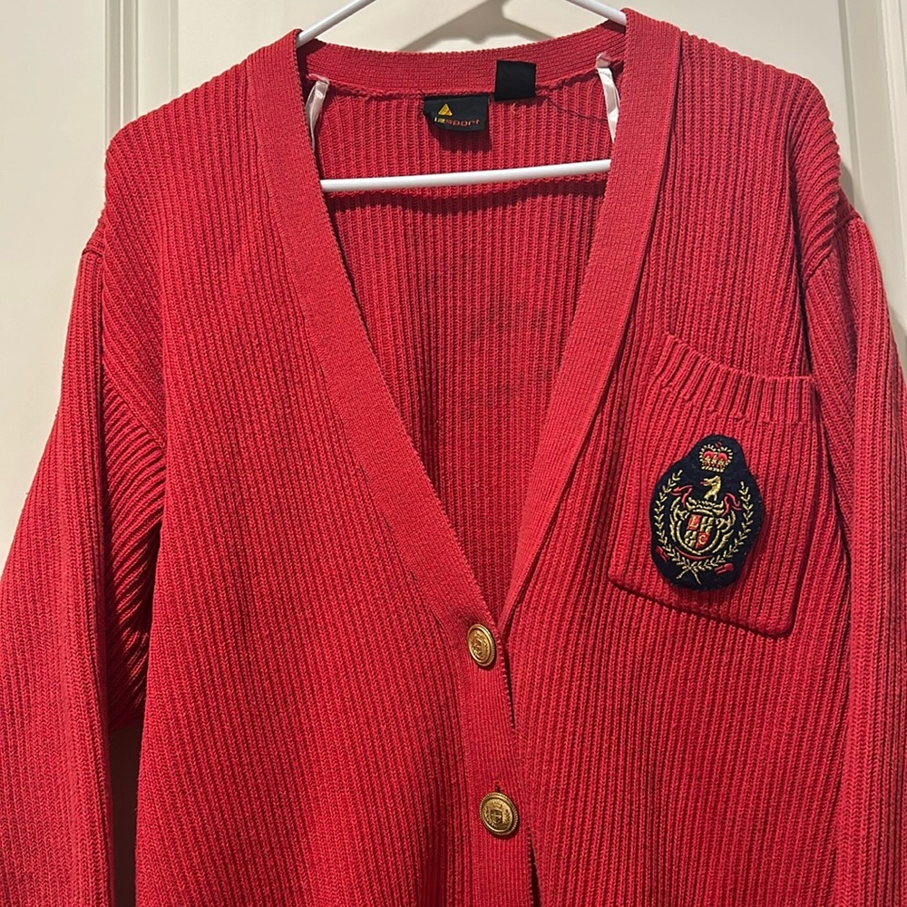 LizSport Preppy Patch appliqué button down Vneck Cardigan sweater pockets size M